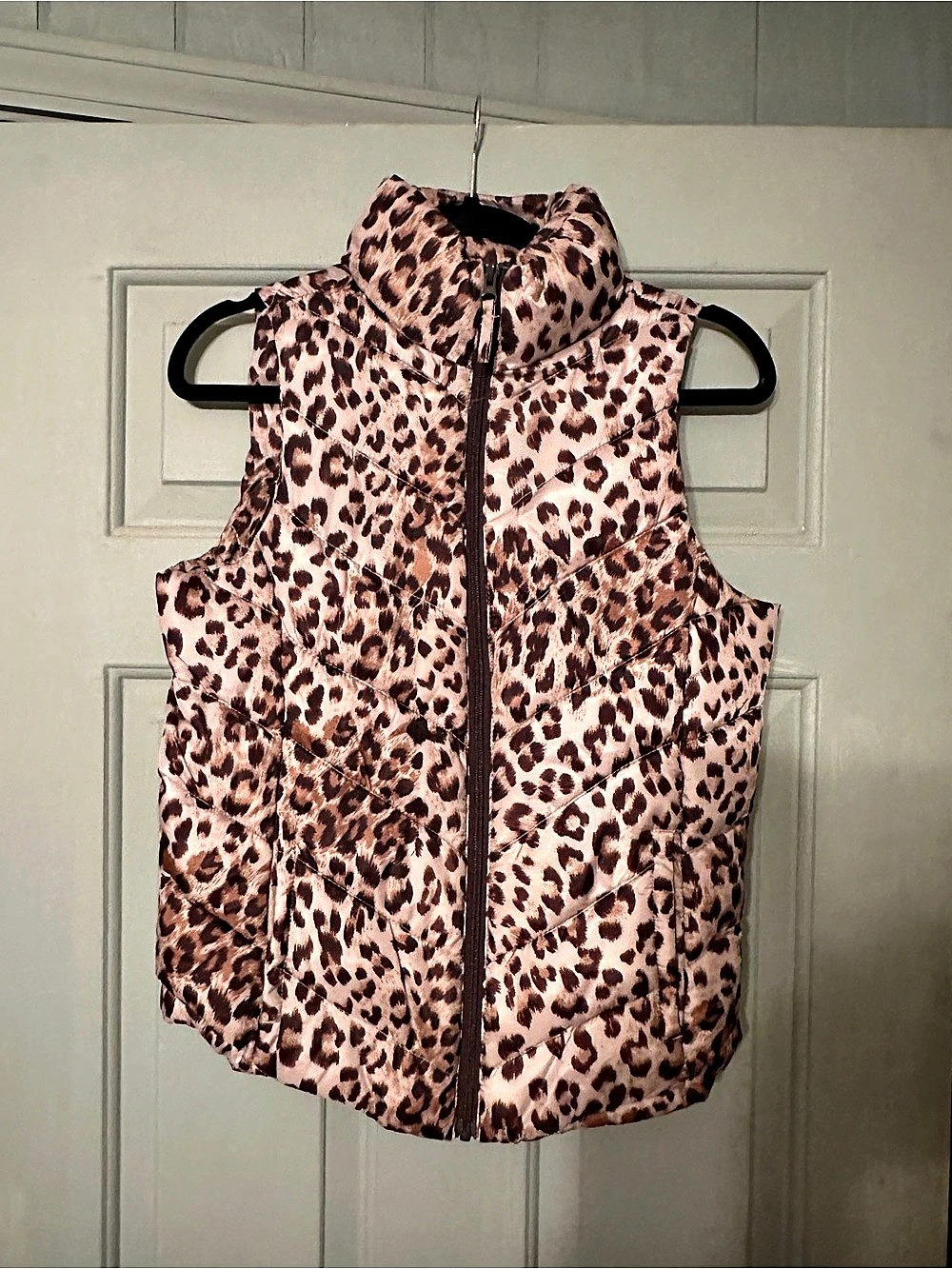 SO Leopard Print Puffer Vest Pink & Brown Size Small